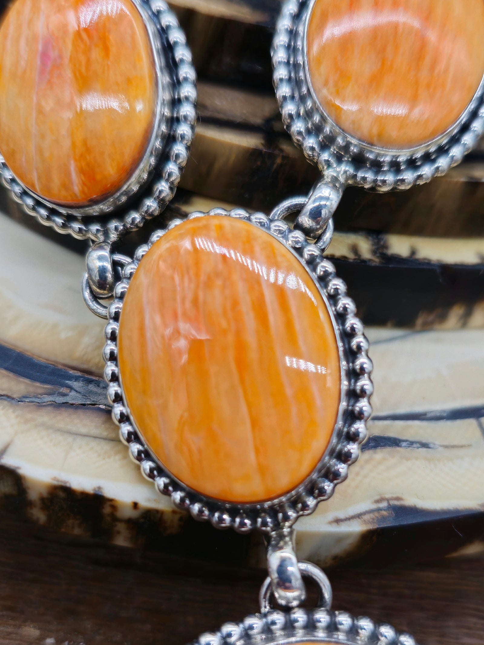 Orange Spiny Oyster Sterling Silver Lariat and Earrings Set by Darrin Livingston - 28 in