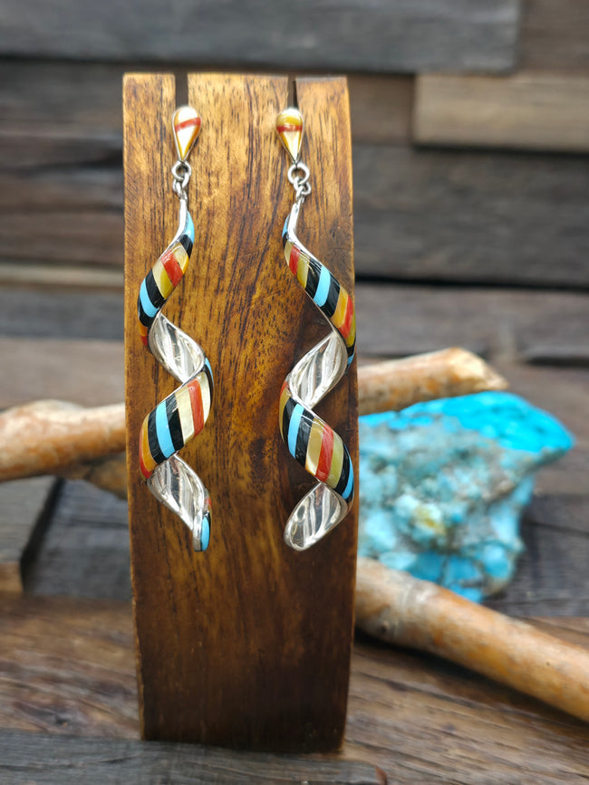 Zuni Inlay Multistone Twist Post Dangle Earrings