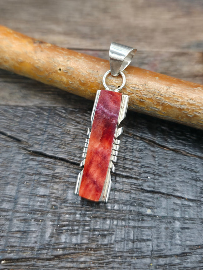 Sterling Silver Dark Red Spiny Oyster Pendant by Brandon Etsitty - 1 3/4 in. by 1/2 in.