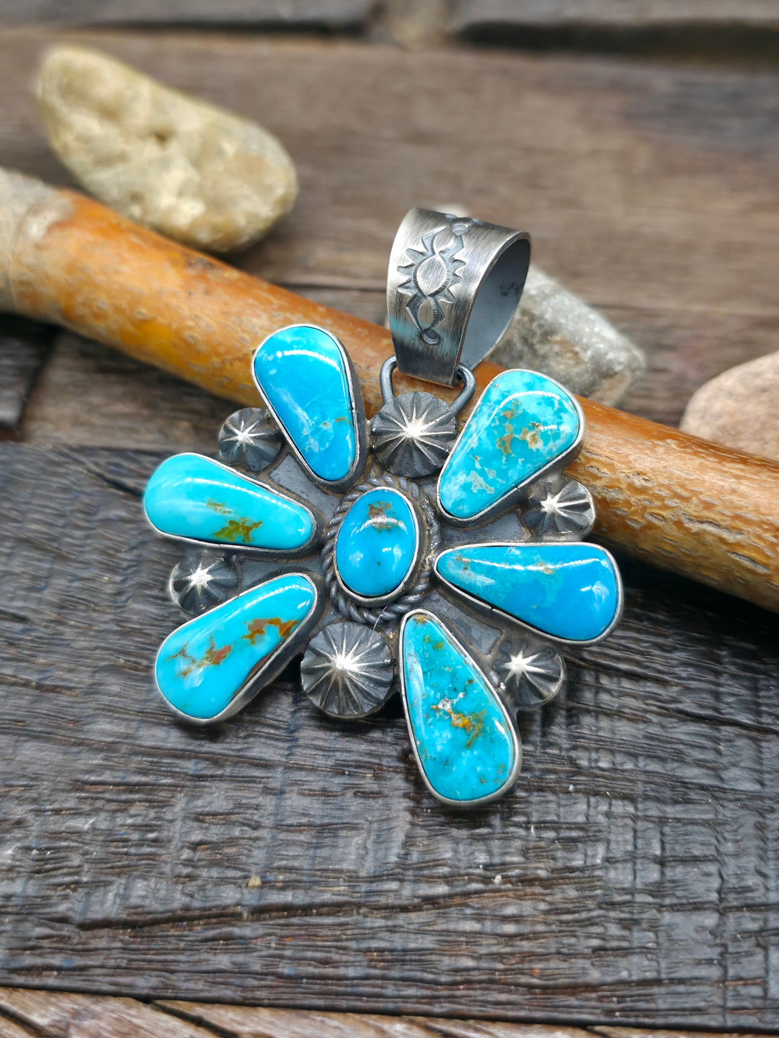 Sterling Silver Kingman Turquoise Cluster Pendant by Rosella Paxson - 2 in. by 2 in.
