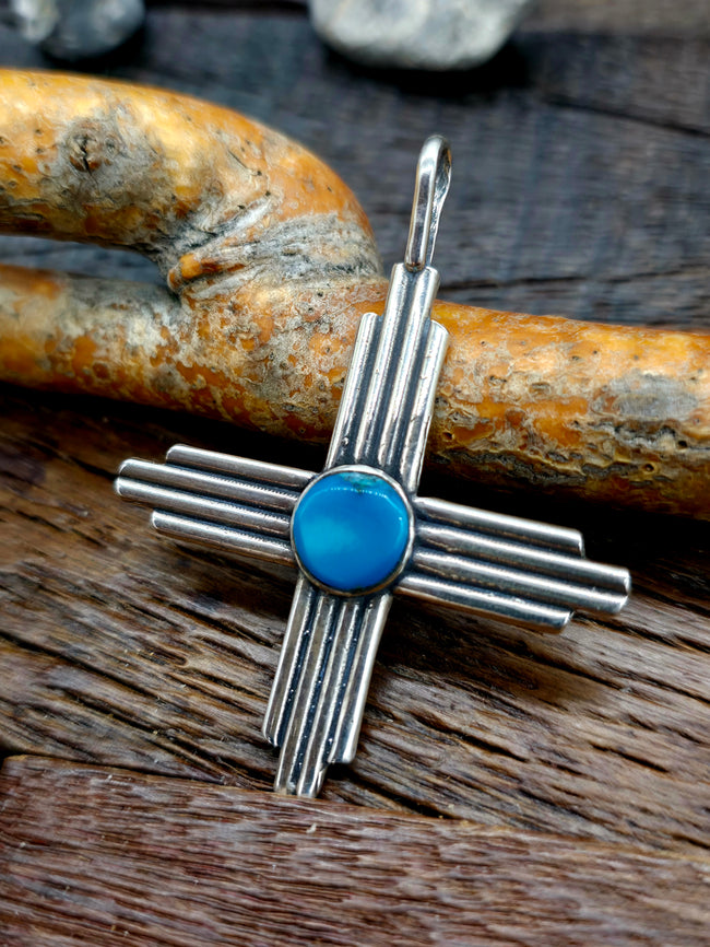 Sterling Silver Blue Turquoise Zia Symbol Pendant - NON NATIVE MADE