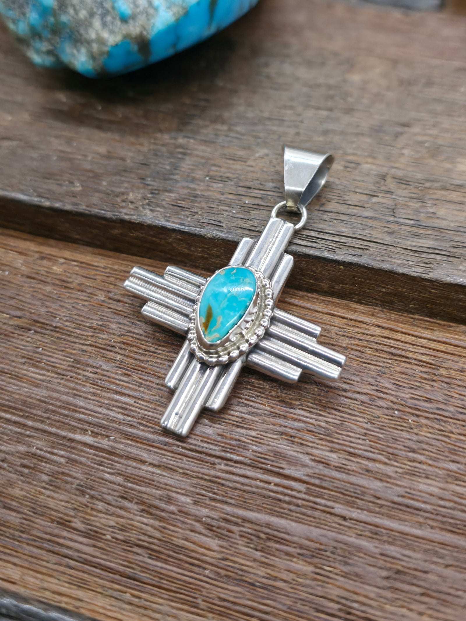 Turquoise and Sterling Silver Zia Symbol Pendant by Priscilla Apache
