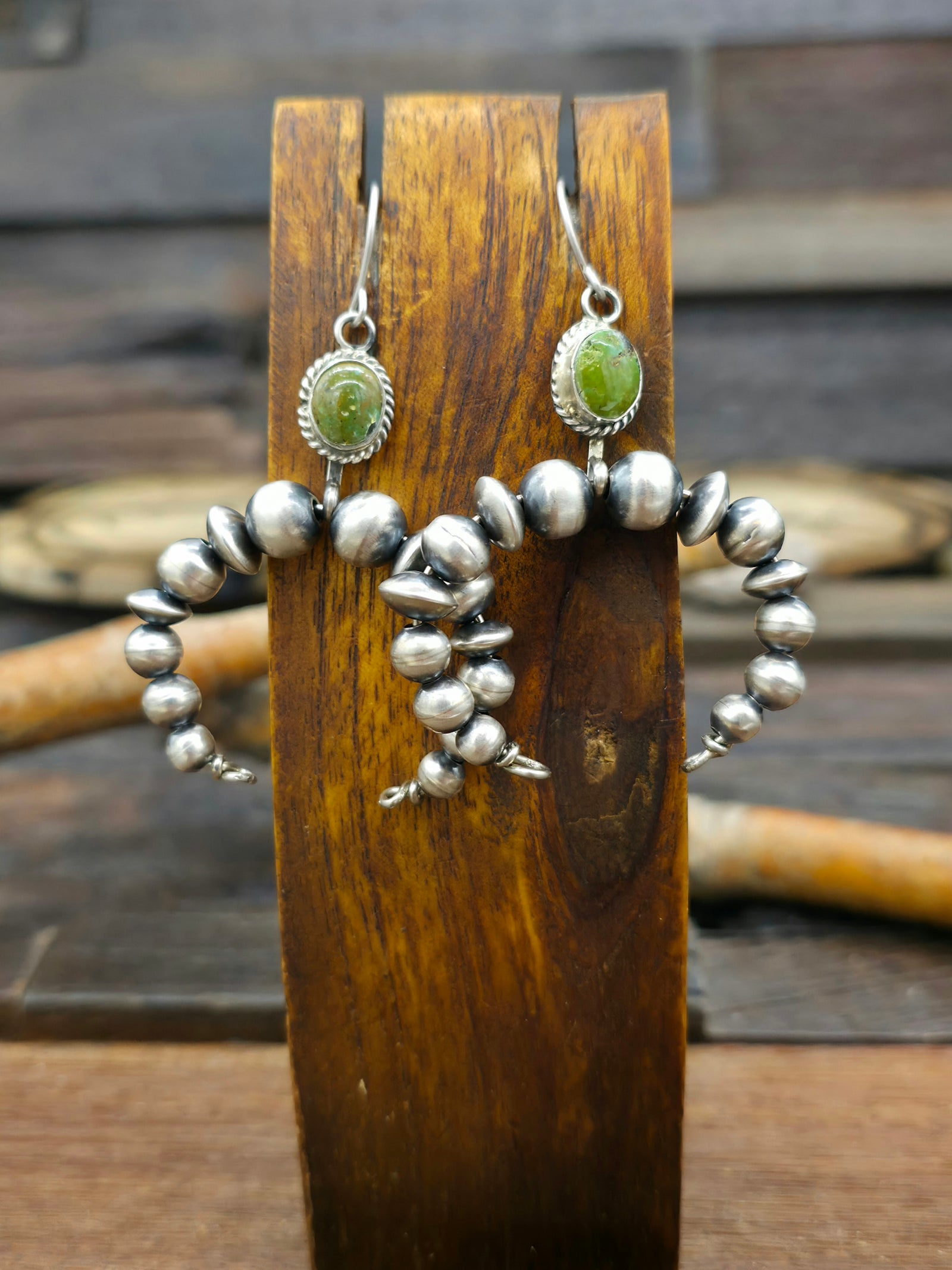 Green Turquoise and Sterling Silver Bead Naja Earrings by Rena Begay
