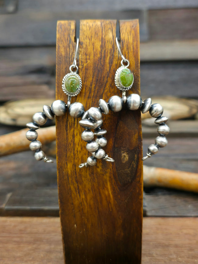 Green Turquoise and Sterling Silver Bead Naja Earrings by Rena Begay