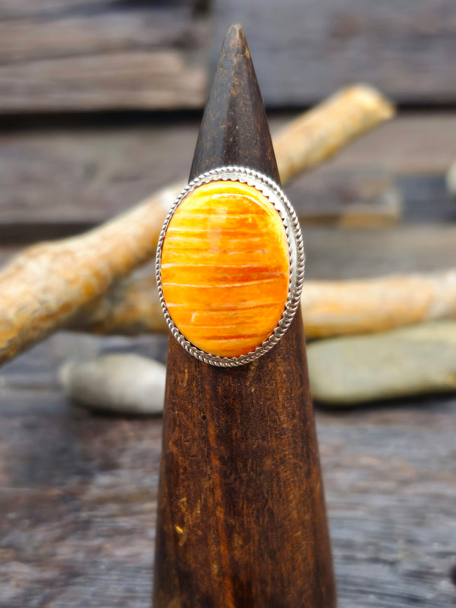 Sterling Silver and Orange Spiny Oyster Ring by Ernest Hawthorne - Size 8