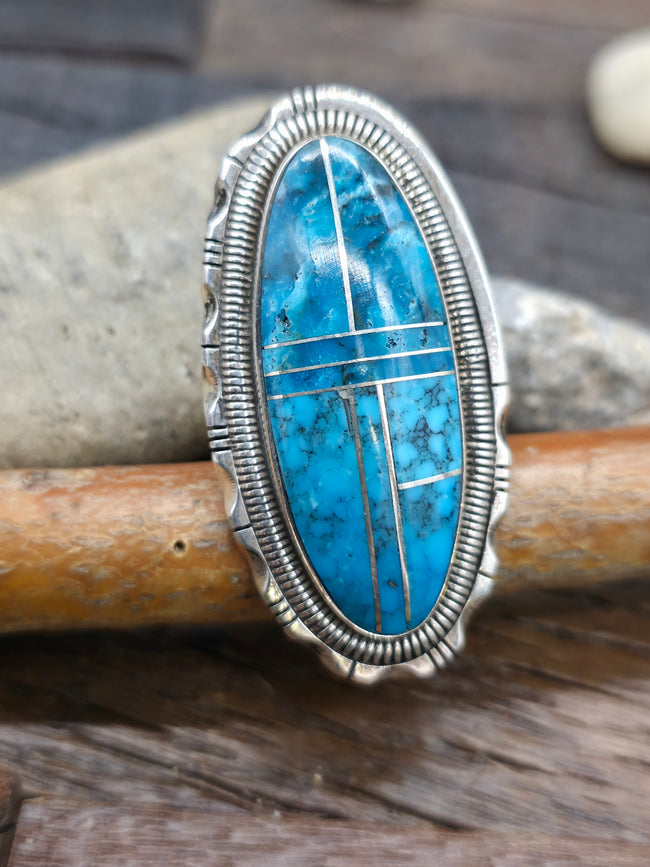 Large Sterling Silver Turquoise Inlay Statement Ring by Walter Vandever - Size 7 1/2