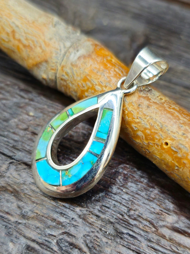 Green Turquoise Sterling Silver Inlay Teardrop Pendant