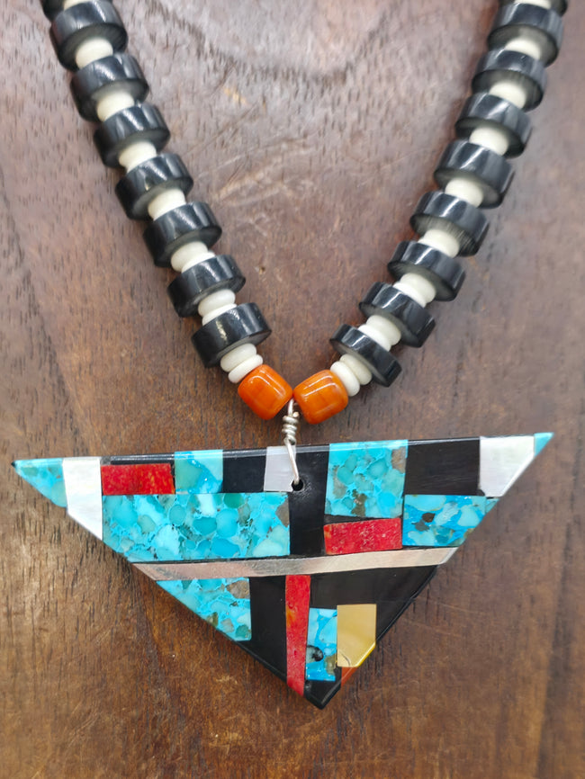 Jet Heishi Necklace with Mosaic Inlay Pendant by Nathan Garcia - 20 in.