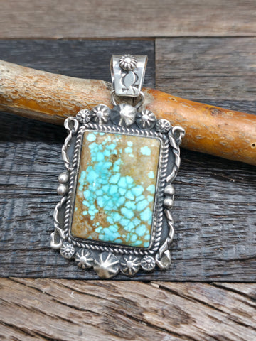 Sterling Silver Kingman Turquoise Pendant by LaRose Ganadanegro - 3 in. by 1 1/4 in.