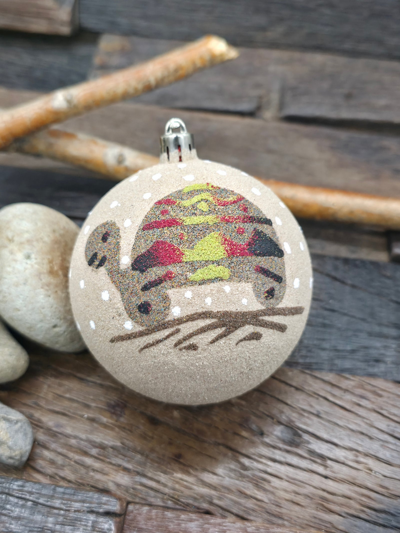 Large Sand Painting Christmas Ornament Bauble by Bingo Smith - Turtle