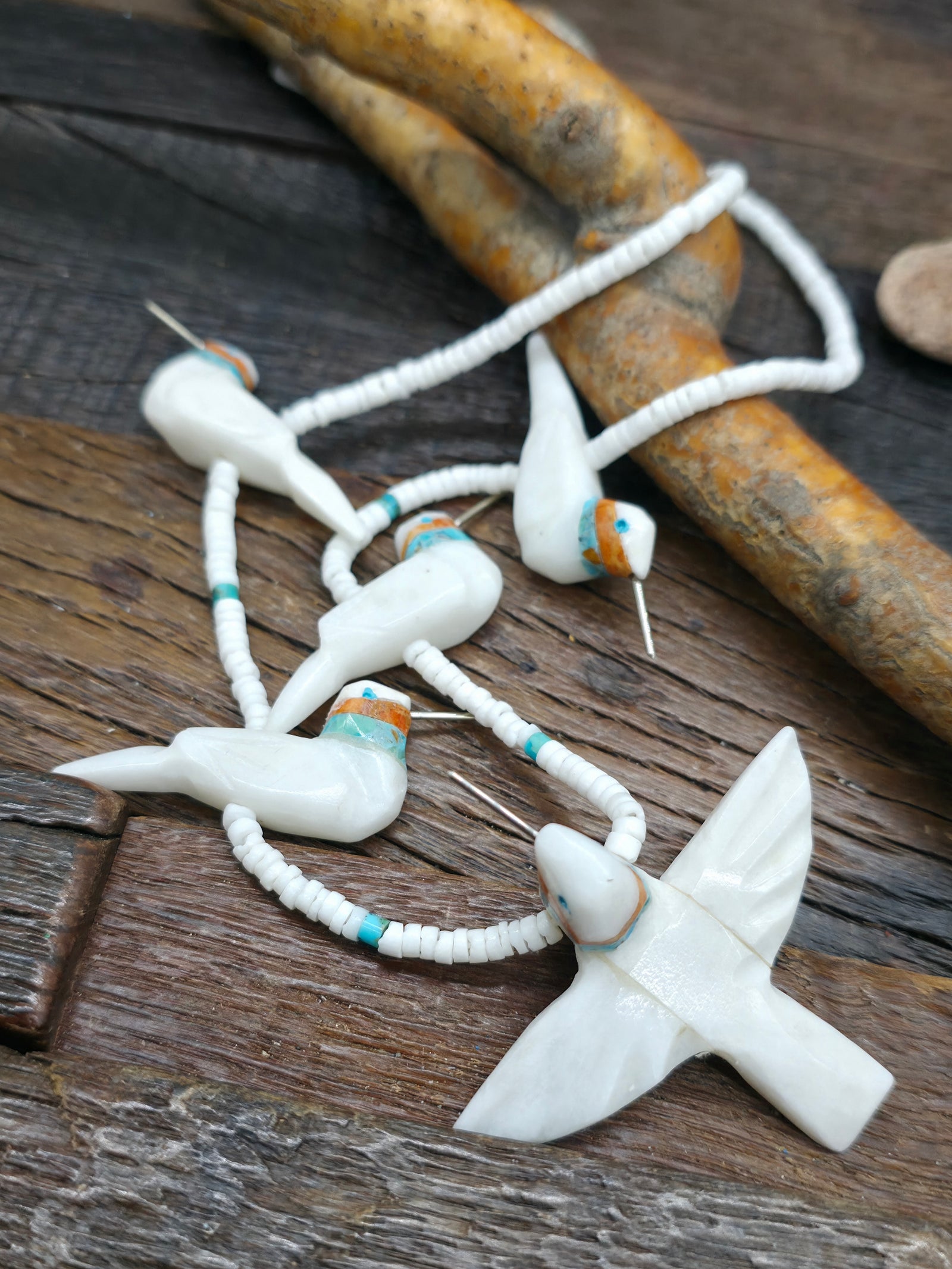 White Alabaster Five Hummingbird Necklace with White Clam Heishi by Matt Mitchell - 24 in.