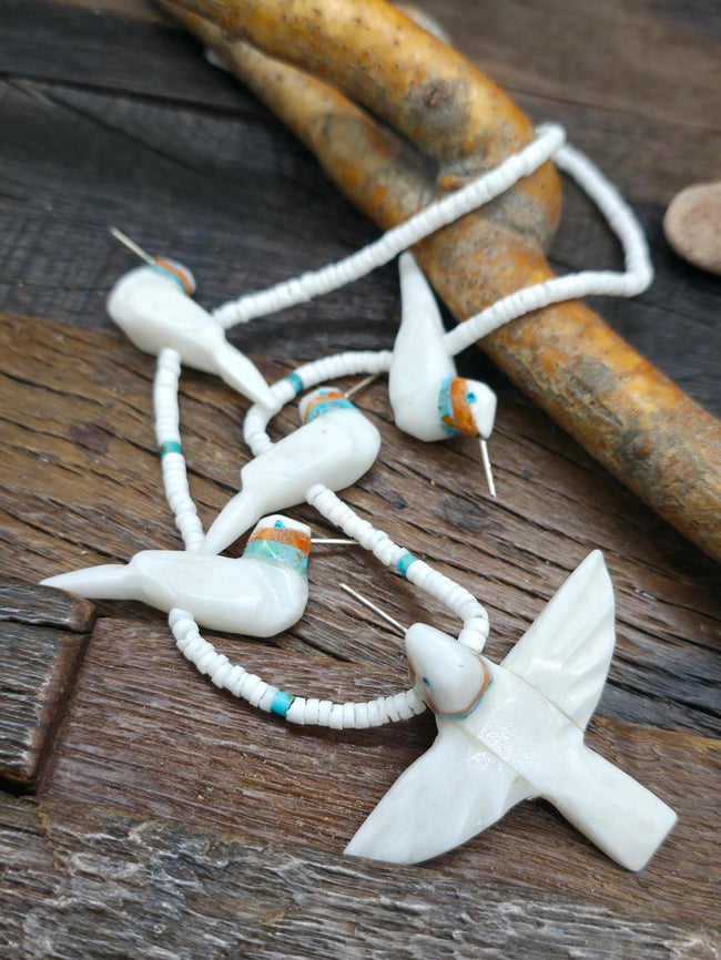 White Alabaster Five Hummingbird Necklace with White Clam Heishi by Matt Mitchell - 24 in.