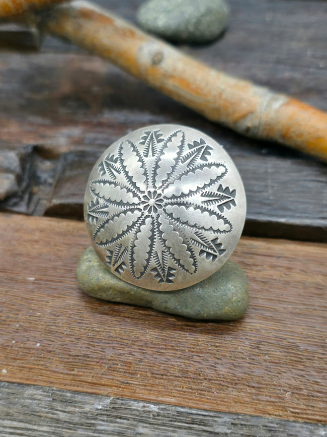 Adjustable Stamped Sterling Silver Ring by Leander Tahe