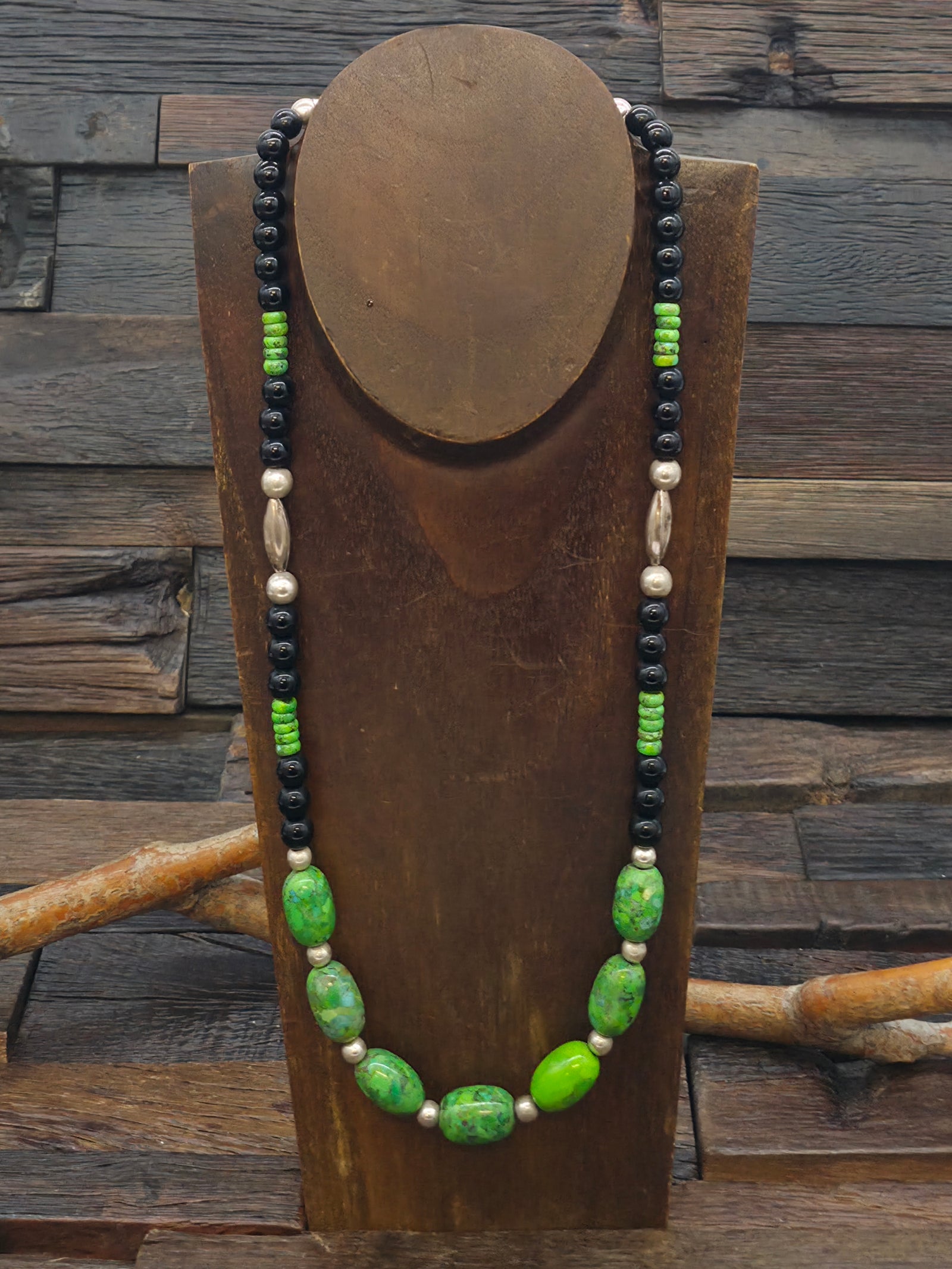 Onyx, Sterling Silver, and Green Sky Horse Turquoise Necklace - 25 in.