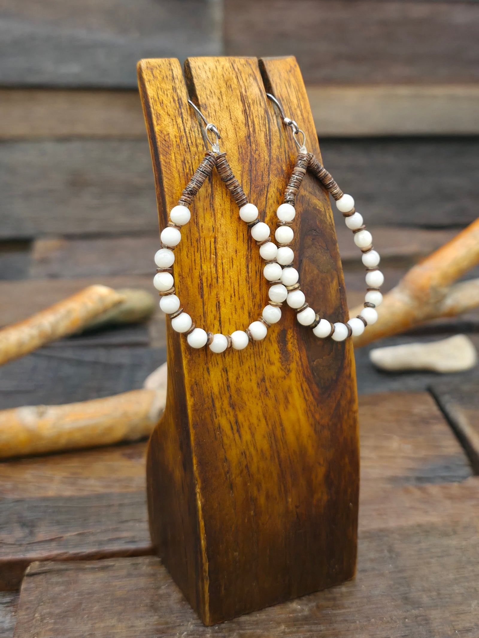 Mother of Pearl and Heishi Bead Loop Earrings by Jeanette Calabaza - 2 1/2 in.  by 1 1/4 in.