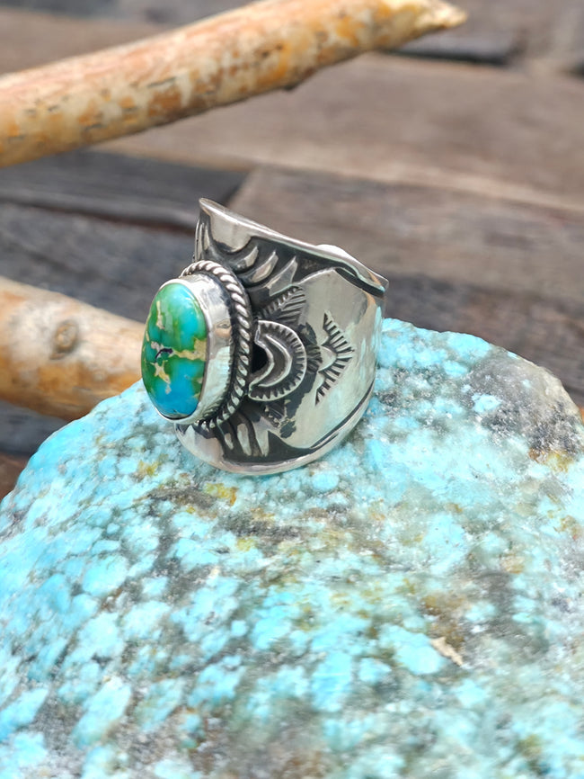 Stamped Sterling Silver Sonoran Turquoise Ring by Derrick Gordon - Size 8