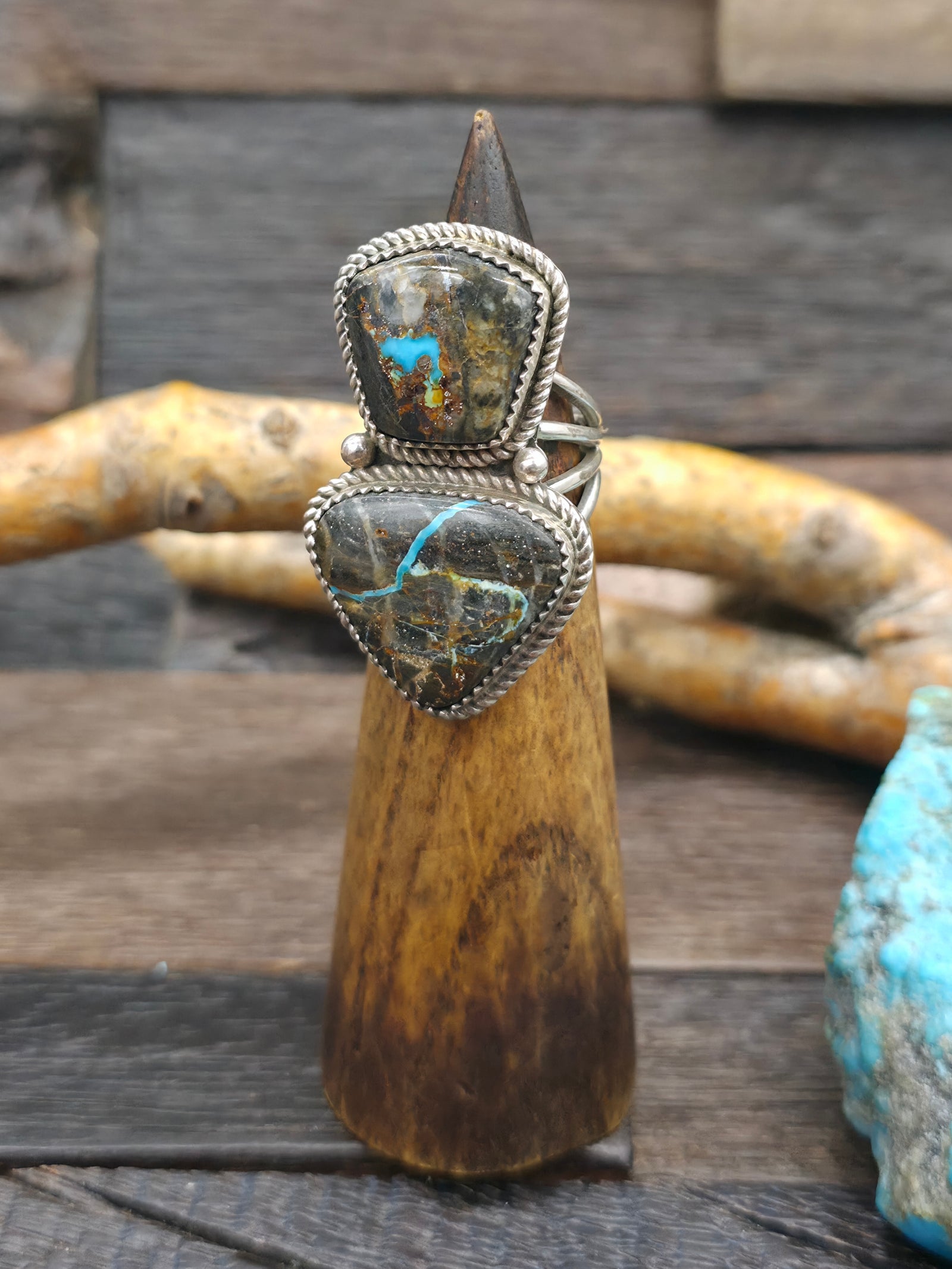 Sterling Silver Two Stone Blue Gem Ribbon Ring by L. Ganado - Size 8