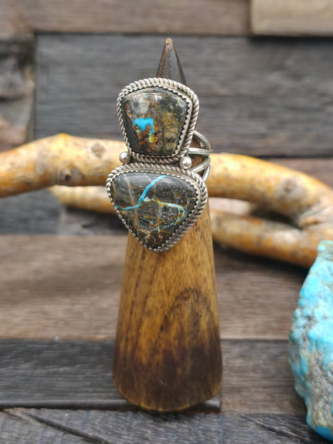 Sterling Silver Two Stone Blue Gem Ribbon Ring by L. Ganado - Size 8
