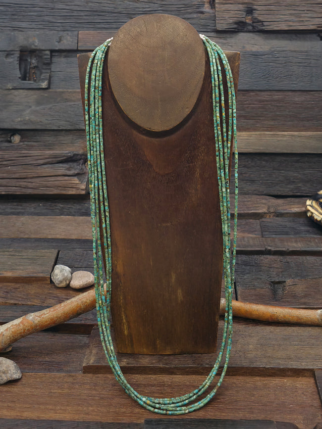 Five Strand Green Turquoise Heishi Necklace with Sterling Silver Beads and Cones by Fred Archuleta - 30 in.