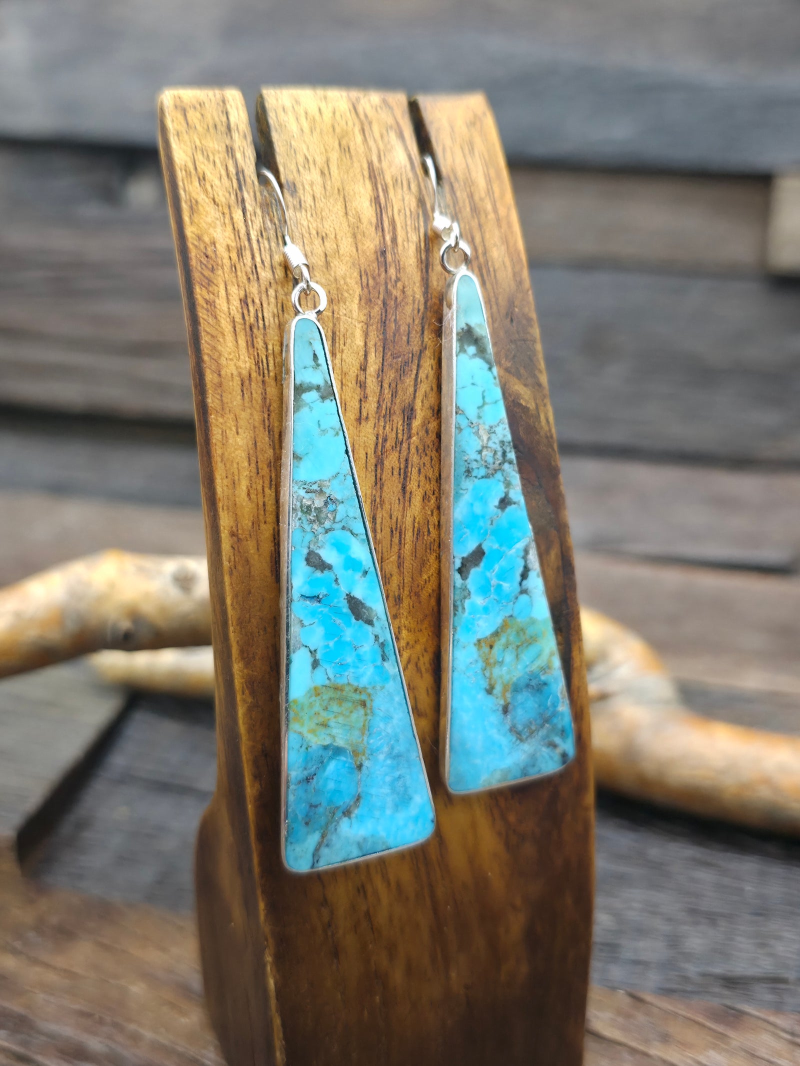 Long Blue Turquoise Triangular Slab Earrings with Sterling Silver by Veronica Tortalita - 3 in. by 3/4 in.