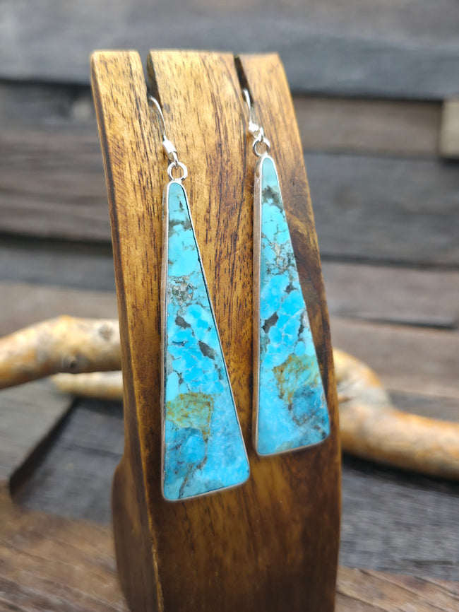 Long Blue Turquoise Triangular Slab Earrings with Sterling Silver by Veronica Tortalita - 3 in. by 3/4 in.
