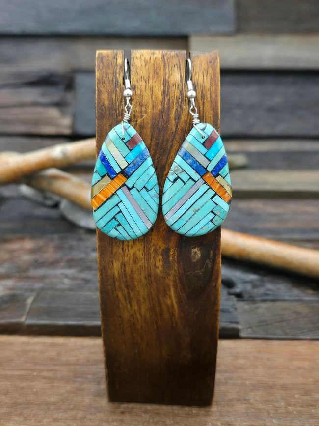 Turquoise, Lapis, and Spiny Mosaic Inlay Earrings by Joe Reano