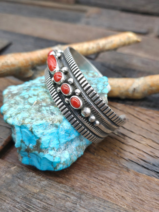 Seven Stone Coral and Sterling Silver Cuff by Albert Jake - 7 1/4 in. with Gap