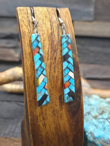 Sterling Silver, Graduated Melon Shell Heishi, and Turquoise Earrings by Rose Cate - 3 in. by 1/2 in.