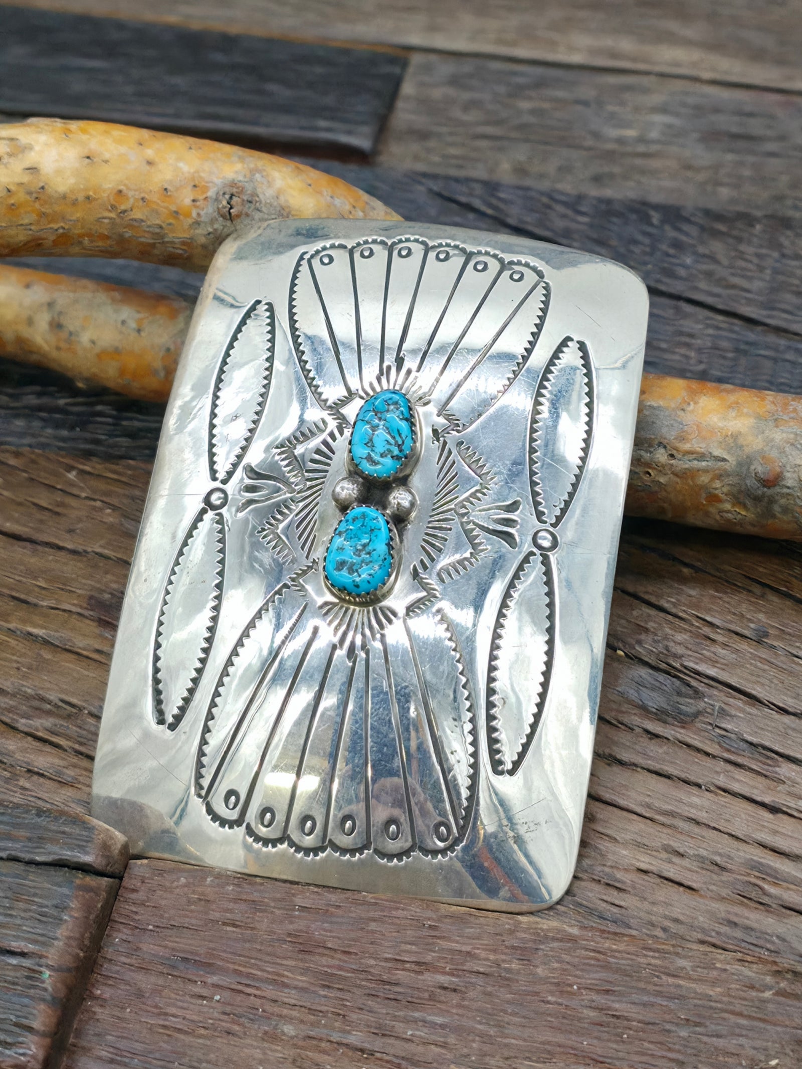 Two Stone Stamped Sterling Silver and Turquoise Belt Buckle by Joanne Silver - 3" by 2"