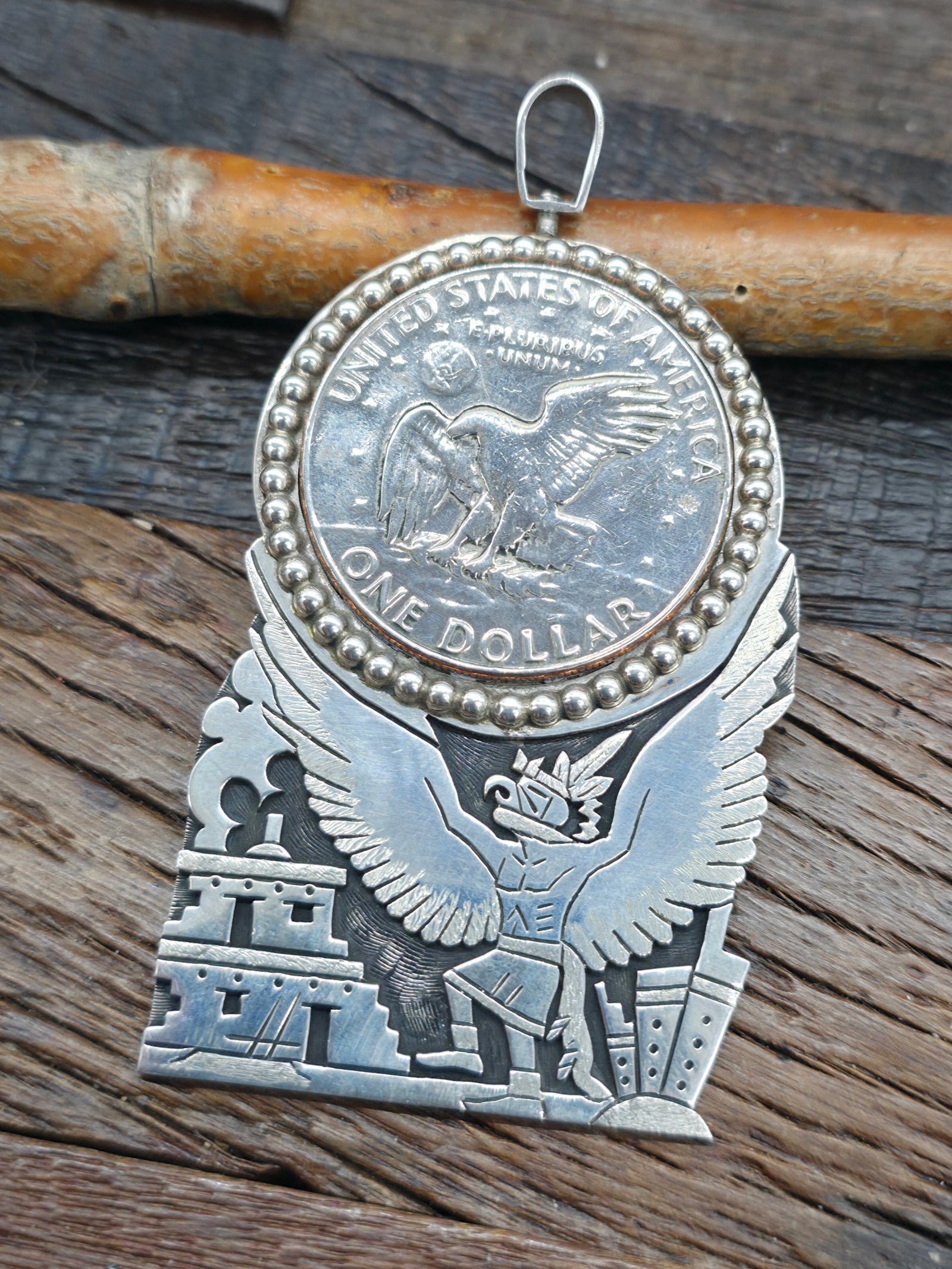 Sterling Silver Overlay Eagle Dancer 1978 Eagle Dollar Pendant by Delfred Masawytewa - 3 1/4 by 2 1/4