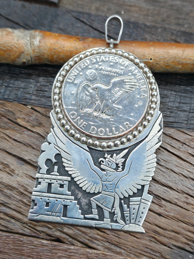 Sterling Silver Overlay Eagle Dancer 1978 Eagle Dollar Pendant by Delfred Masawytewa - 3 1/4 by 2 1/4