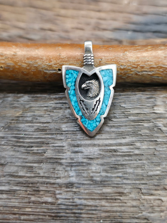 Small Sterling Silver Turquoise Chip Inlay Arrowhead Pendant - Eagle  NON NATIVE MADE - 1 1/4 in. by 3/4 in.
