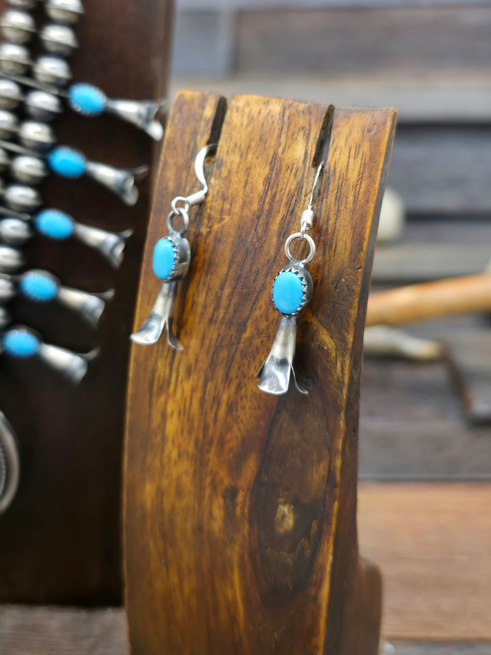 Sterling Silver Turquoise Squash Blossom Necklace and Earring Set by Marie Kirlie - 18 in.