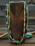 Five Strand Multi Width Turquoise, Jet, and Apple Coral Heishi Necklace by Fred Archuleta - 24 in.