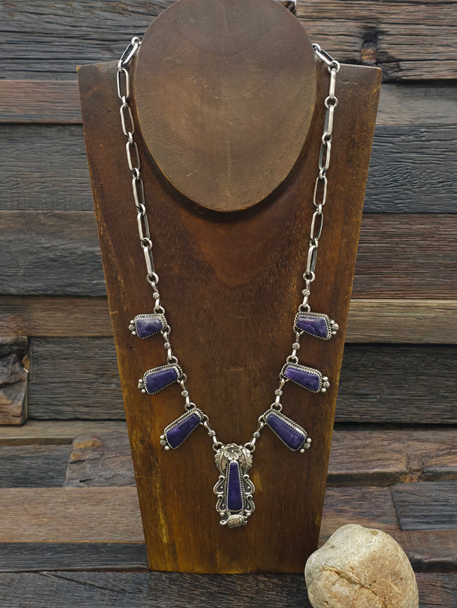 Sugilite and Sterling Silver Necklace with Flower and Turtle by Brenda Jimenez - 21 in.