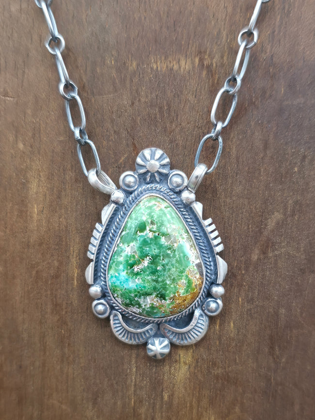 Stamped Sterling Silver and Sonoran Turquoise Pendant Necklace by Daniel Benally - 18 in.