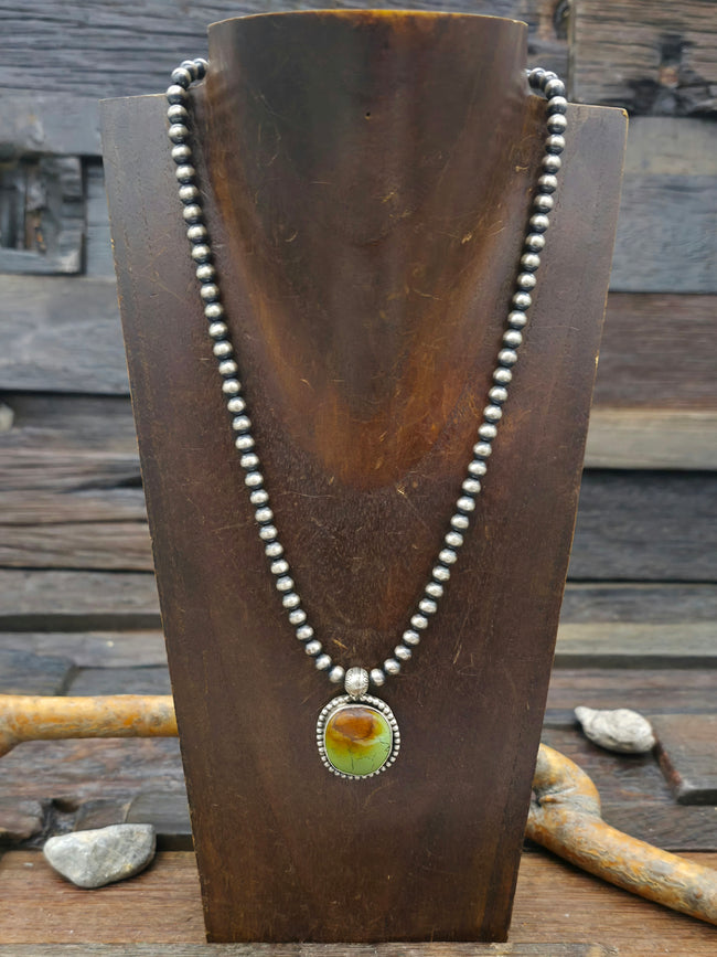 Oxidized Sterling Silver Bead Necklace with Fixed Turquoise Pendant - 18 in