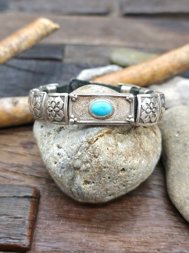 Black Leather Bracelet with Large Square Sterling Silver Conchos and  Blue Turquoise by Rick Montaño - 8 in. - Designs Vary