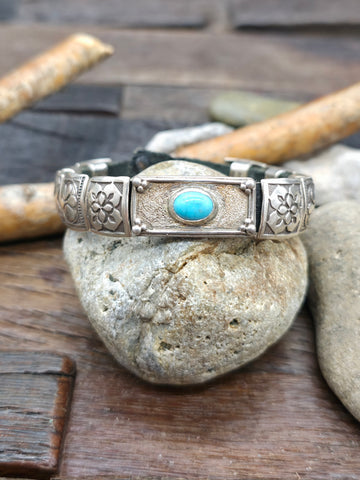 Black Leather Bracelet with Circular Sterling Silver Conchos and Single Rectangular Blue Turquoise Concho by Rick Montaño - 8 in. - Designs Vary