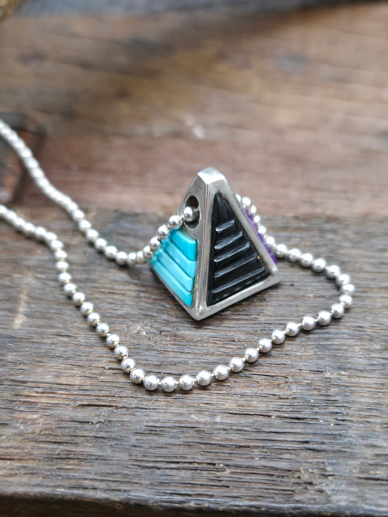 Sterling Silver Cobblestone Inlay Pyramid Pendant on 17 in. Ball Chain - Turquoise, Lapis, Onyx, Sugilite, Lab Opal