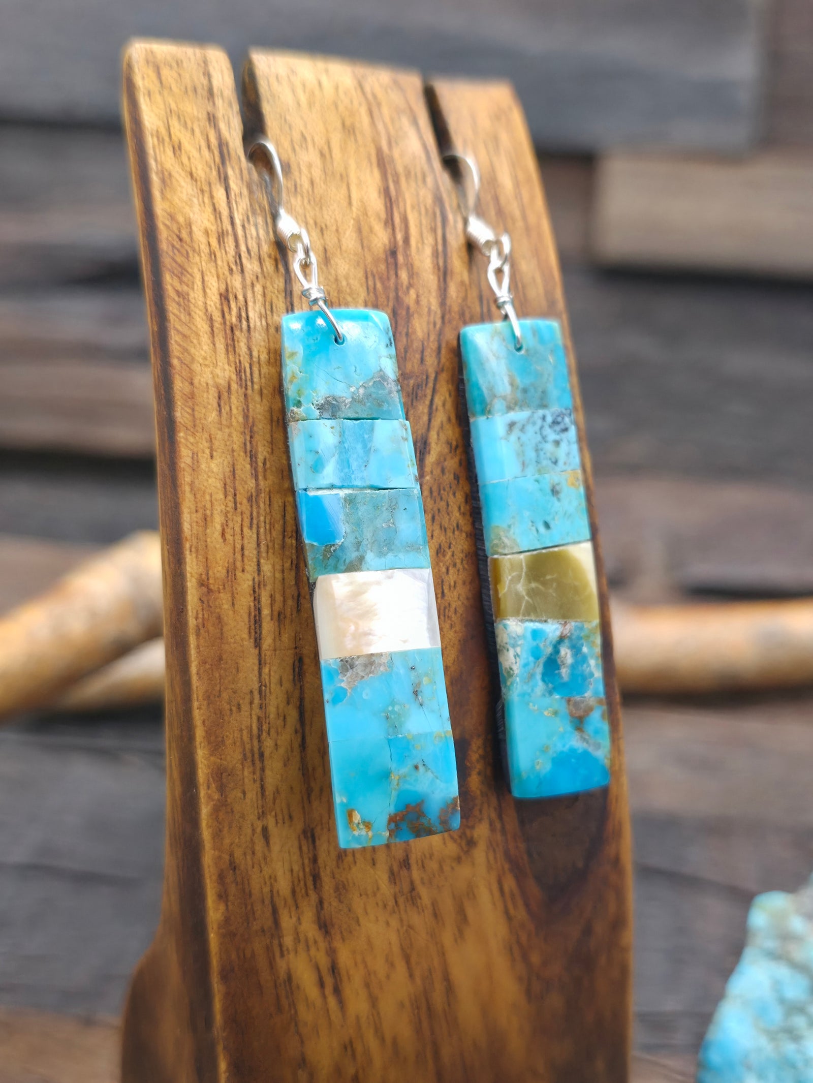 Turquoise, Jet, and Mother of Pearl Mosaic Inlay Earrings by Veronica Tortalita - 2 3/4 in. by 1/2 in.