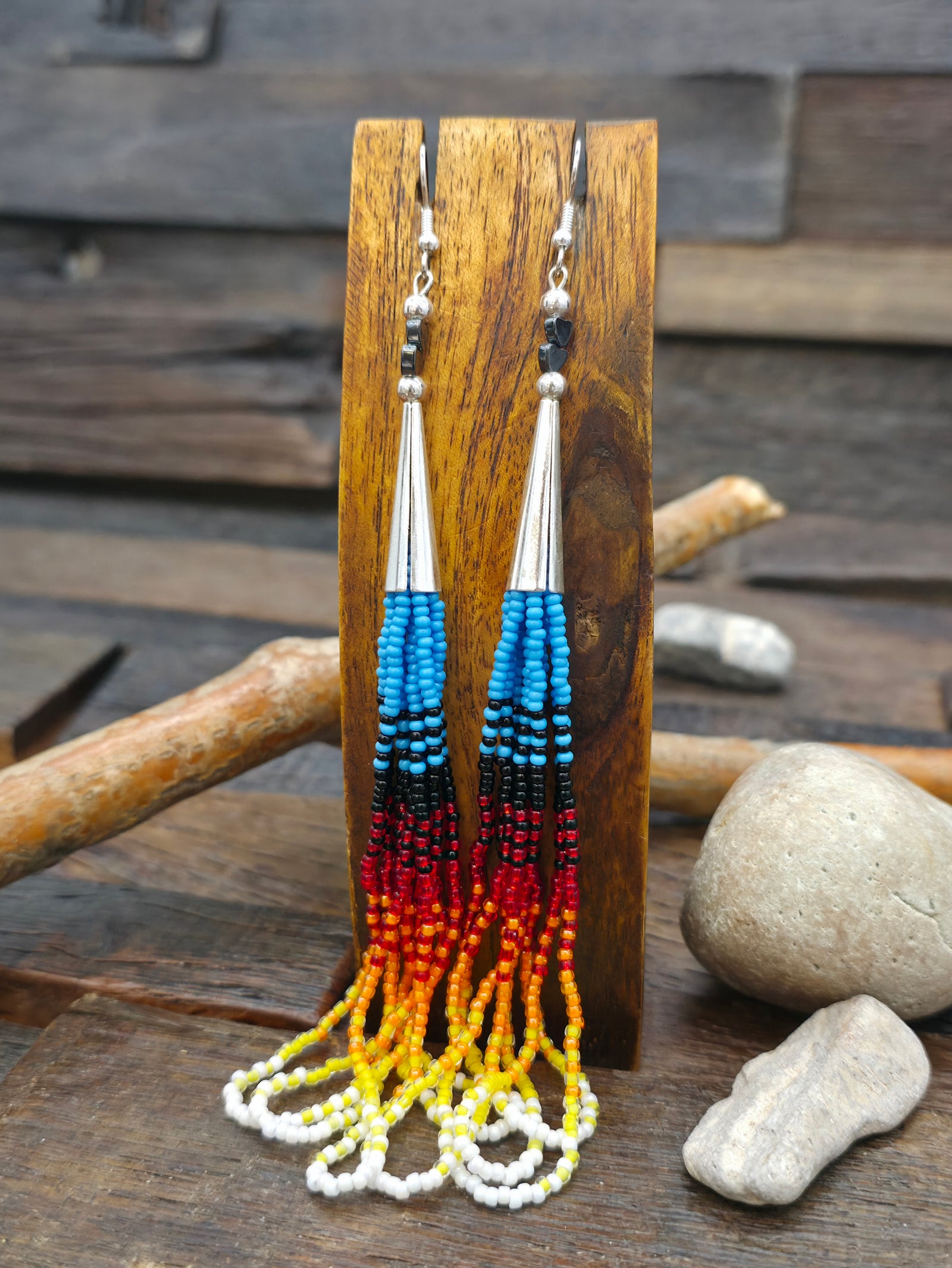 Zuni Beadwork Fringe Earrings by Aaron & Krystal Panteah - 6 in. by 3/4 in.
