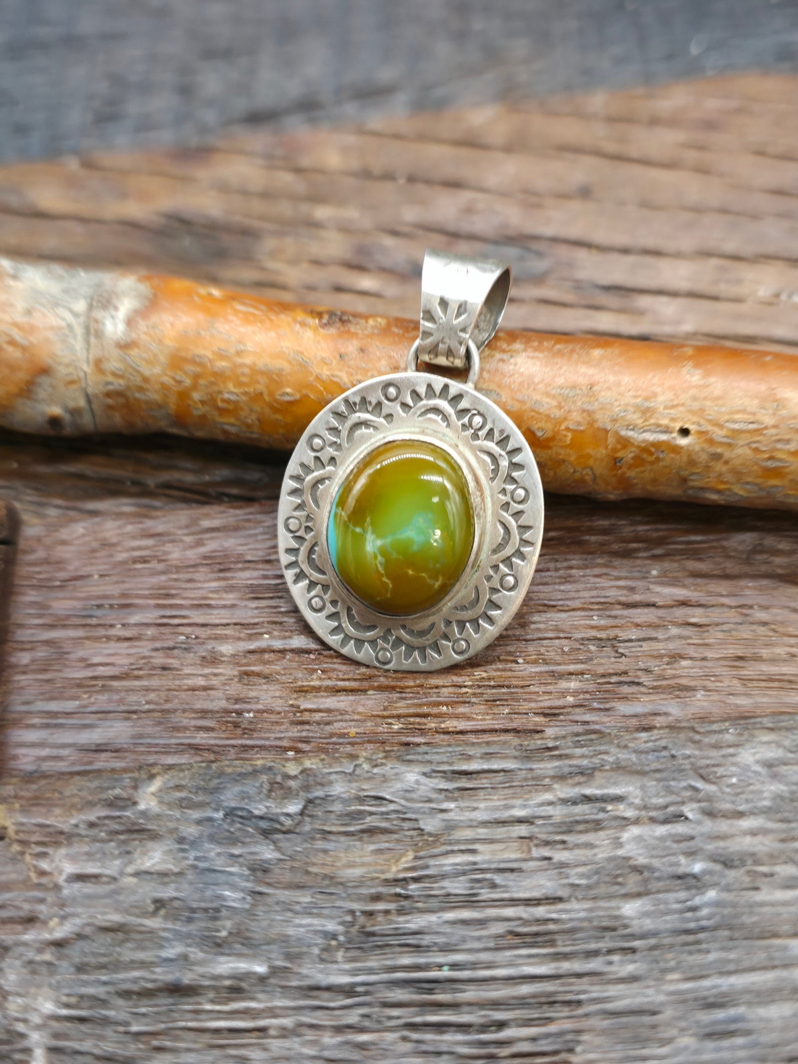 Stamped Sterling Silver Green Turquoise Pendant - 1 1/2 in. by 1 in.