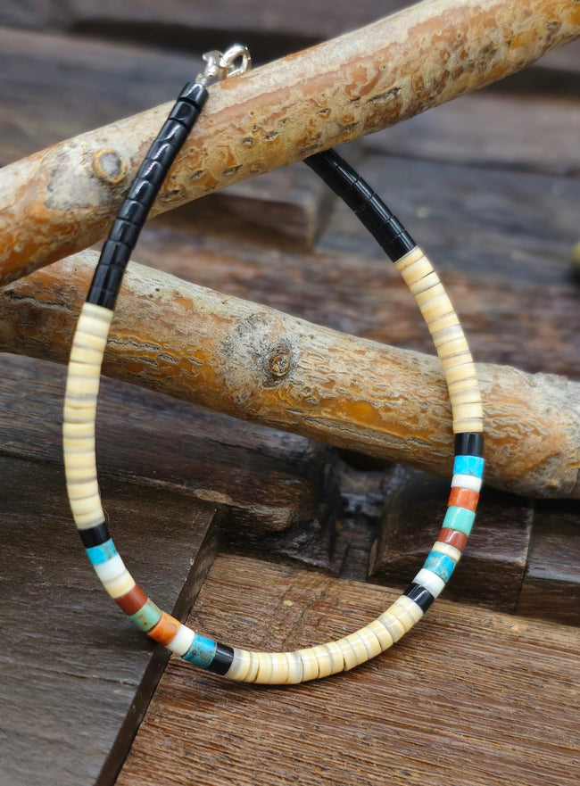 Santo Domingo Light Brown Heishi and Multistone Bracelet by Dorene Calabaza 7.5 in.