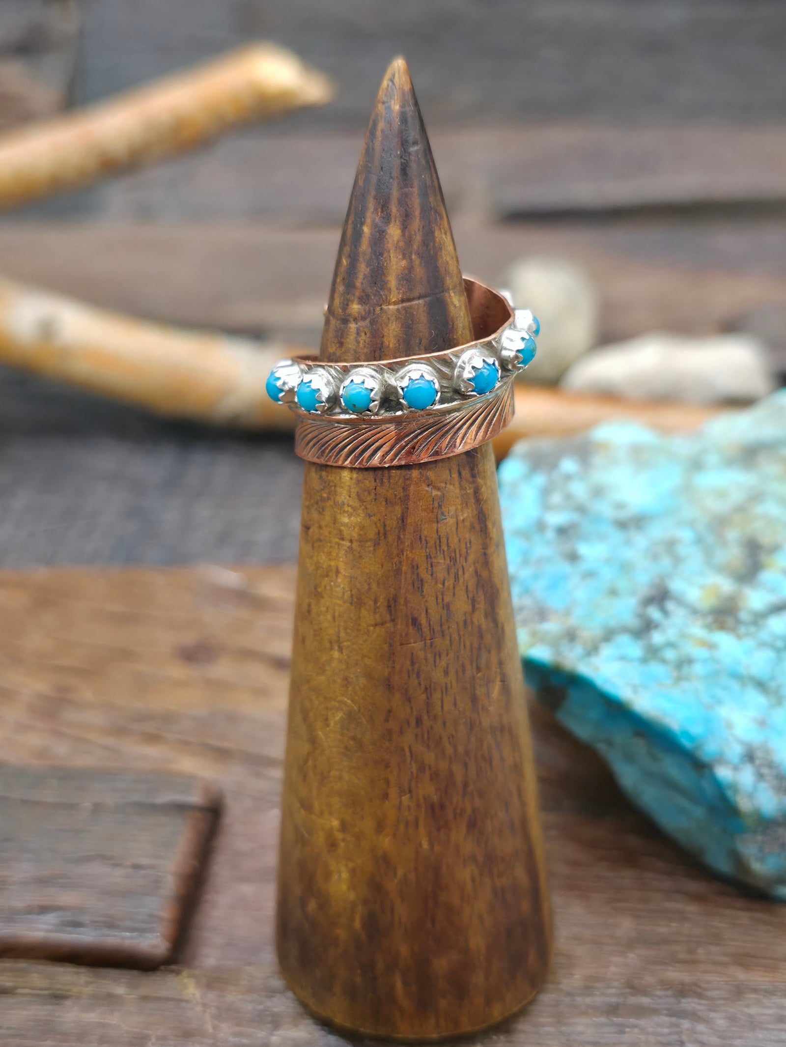 Copper and Turquoise Feather Wrap Ring by Aaron Davis - Adjustable