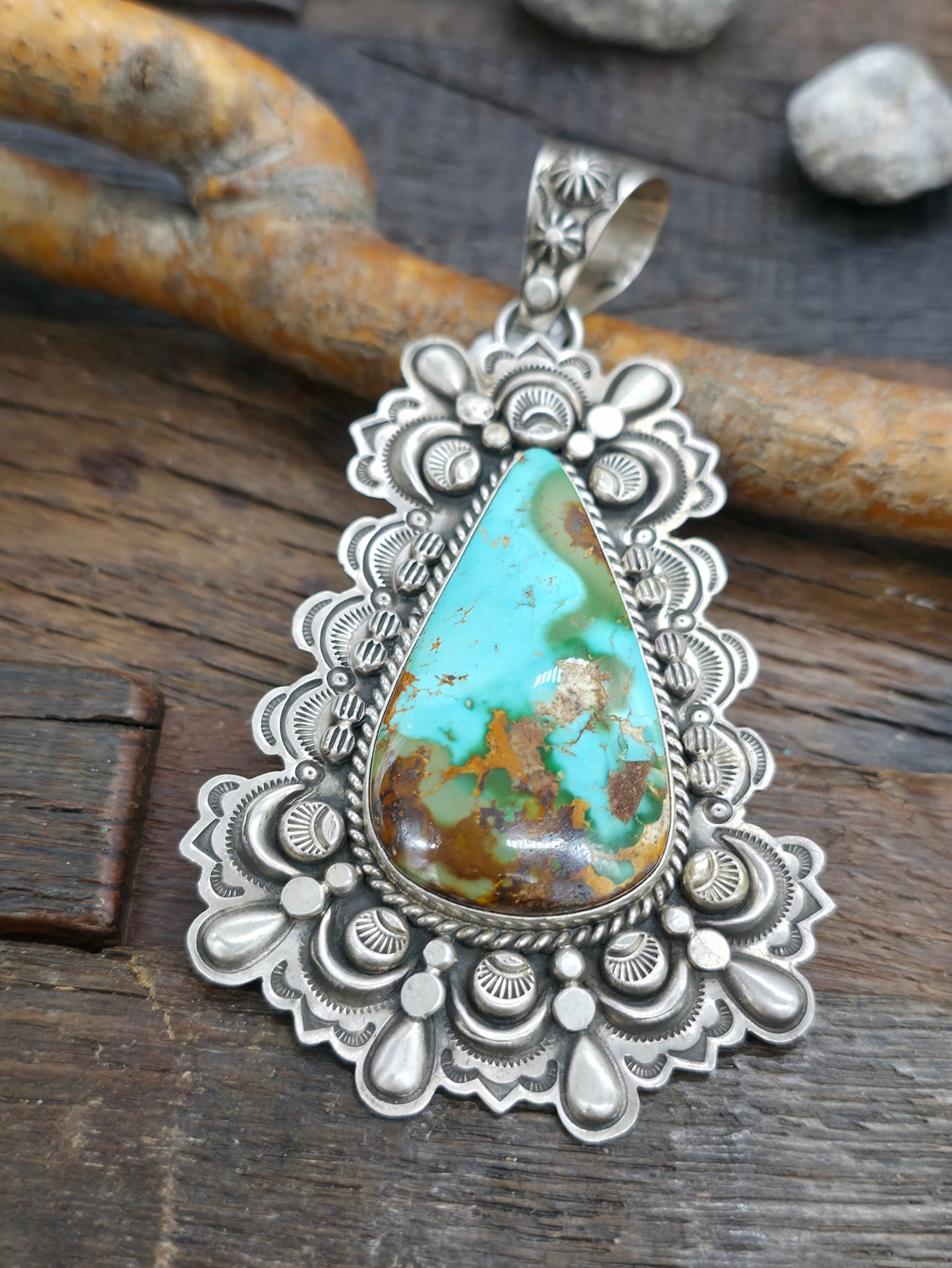 Large Stamped Sterling Silver Blue Gem Turquoise Pendant by Dean Sandoval - 4 1/4 in. by 2 1/4 in.