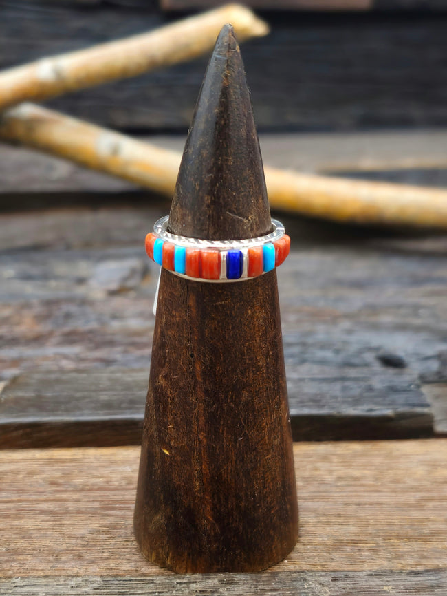 Coral, Lapis and Turquoise Cobblestone Inlay Sterling Silver Ring by Albert Topaha - Size 9