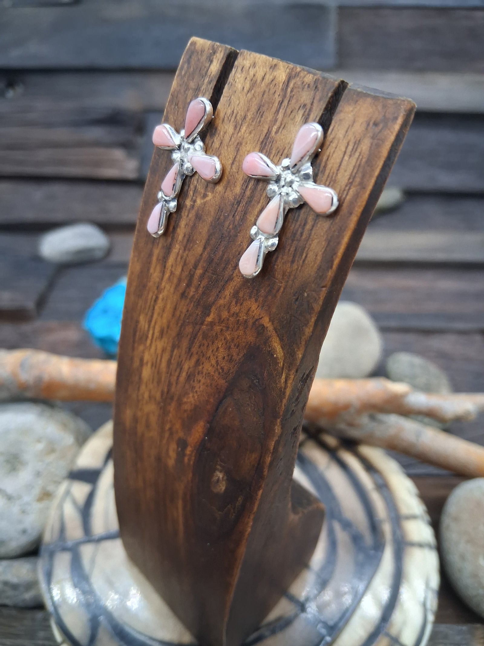 Zuni Pink Conch Cross Earrings by Bryce Vacit