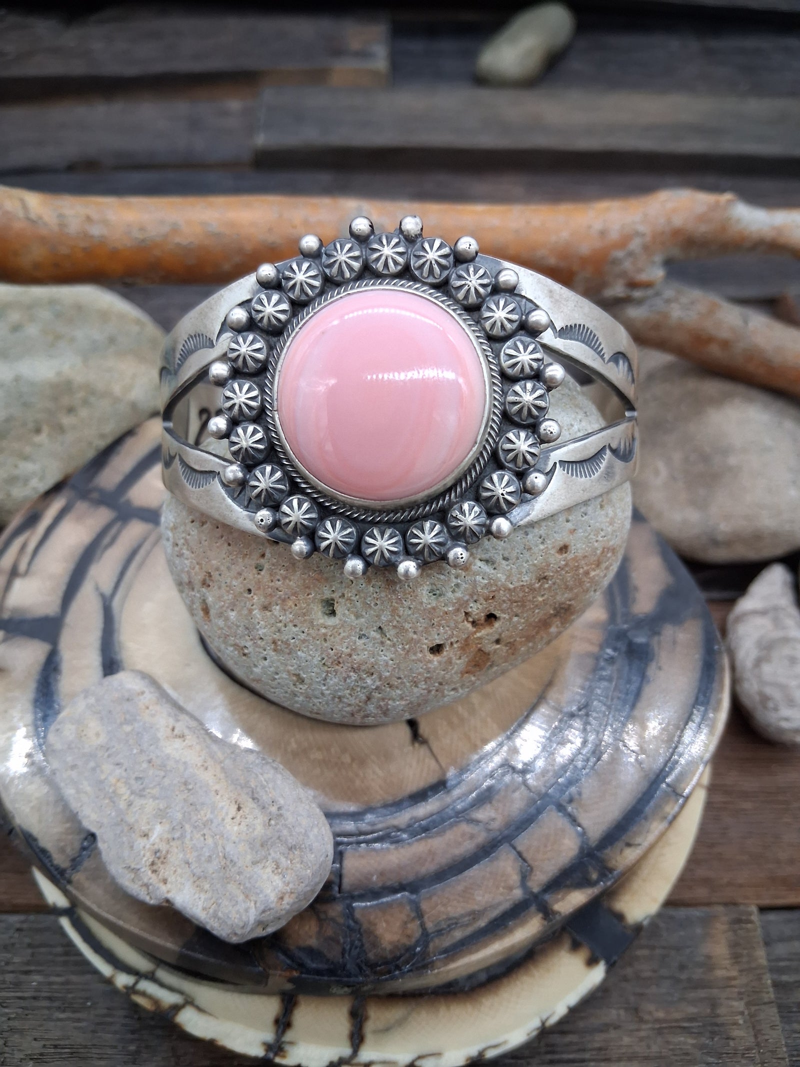 Sterling Silver Pink Conch Round Stone Stamped Cuff Bracelet by Paul Livingston