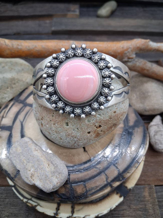 Sterling Silver Pink Conch Round Stone Stamped Cuff Bracelet by Paul Livingston